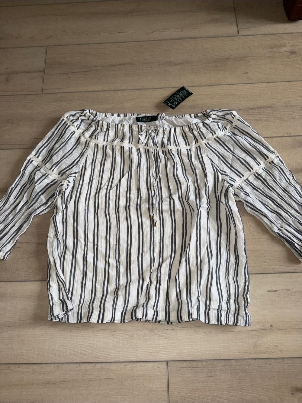 Ralph Lauren White Off Shoulder Blouse Top Coastal Gauze Stripes 100% Cotton